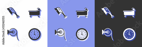 Set Clock, Brush for cleaning, Toilet paper roll and Bathtub icon. Vector