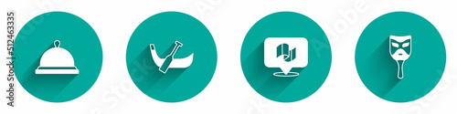 Set Covered with tray of food, Gondola boat, Flag Italy and Carnival mask icon with long shadow. Vector