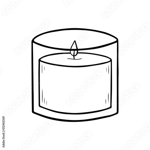Cozy candle doodle. Hygge home decoration, wax candle for relax and spa in sketch style. Hand drawn vector illustration isolated on white background.