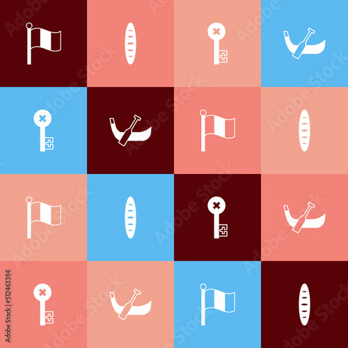 Set pop art Flag Italy, French baguette bread, Old key and Gondola boat icon. Vector