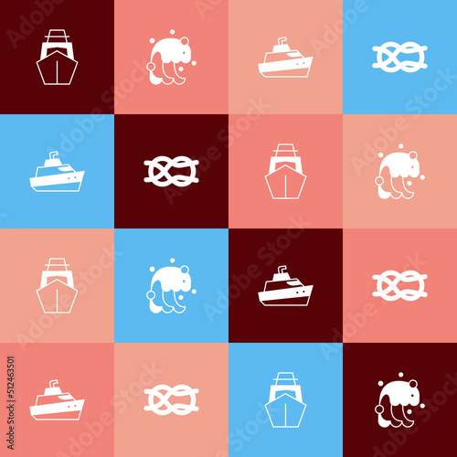 Set pop art Yacht sailboat, Tsunami, Speedboat and Nautical rope knots icon. Vector