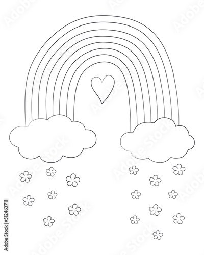Rainbow coloring page printable. Cute rainbow and clouds outline vector illustration. Hand drawn rainbow for coloring book. Black line art drawing on white background.