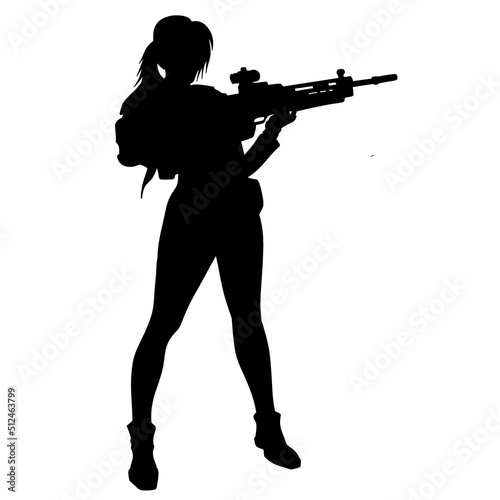 Black and white silhouette of a girl with a gun. A super woman in a leather military suit with pistols and a submachine gun or rifle. A computer game character