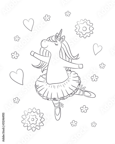 Unicorn coloring page printable. Cute unicorn ballerina in tutu dress. Hand drawn ballet dancer pony vector illustration for coloring book. Black outline drawing on white background.