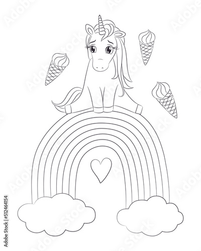 Little unicorn coloring page printable. Cute baby unicorn sitting on a rainbow. Sad emotion unicorn. Hand drawn vector illustration for coloring book. Black outline drawing on white background.