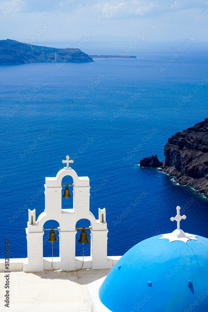 Blue and white church and blue sea, Santorini Island, Greece