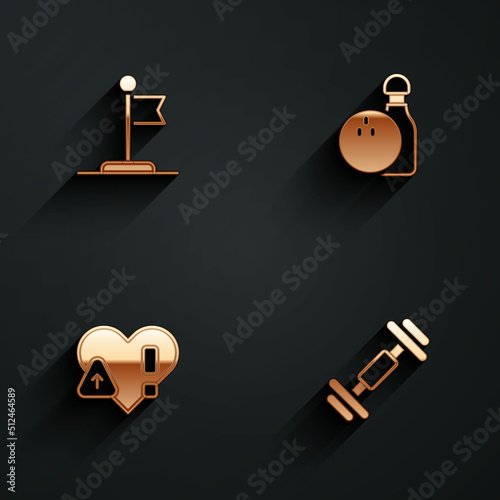 Set Flag, Bowling pin and ball, Heart rate and Dumbbell icon with long shadow. Vector