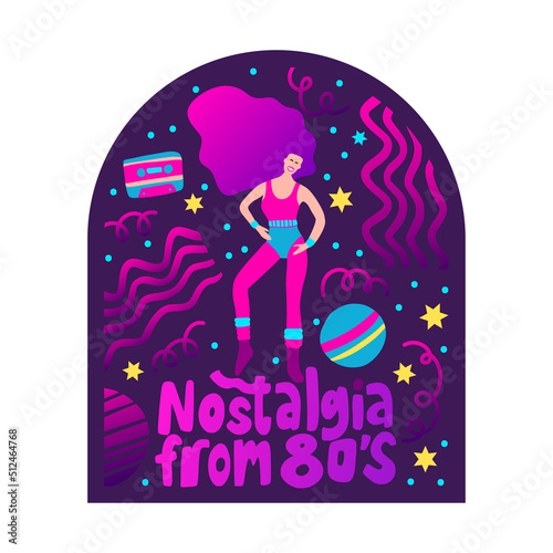 80s girl nostalgia poster. Prank woman retro vector illustration. Cartoon flat party print