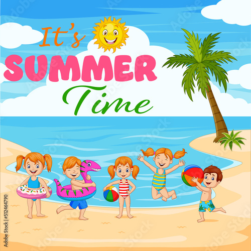 Cartoon happy children playing at the beach