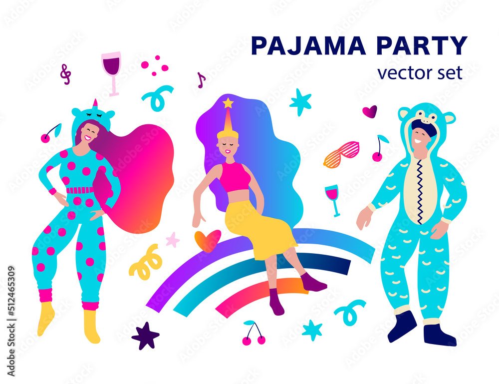 Fototapeta premium Kidult prank girl and boy human vector character set. Man and woman pajama party 