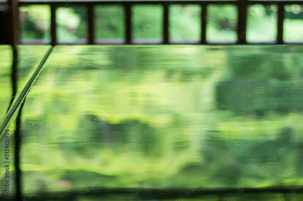 Fresh green of maple reflected on the table of Rurikoin, Kyoto, Japan