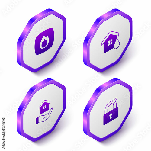 Set Isometric Fire flame  House flood  in hand and Broken or cracked lock icon. Purple hexagon button. Vector