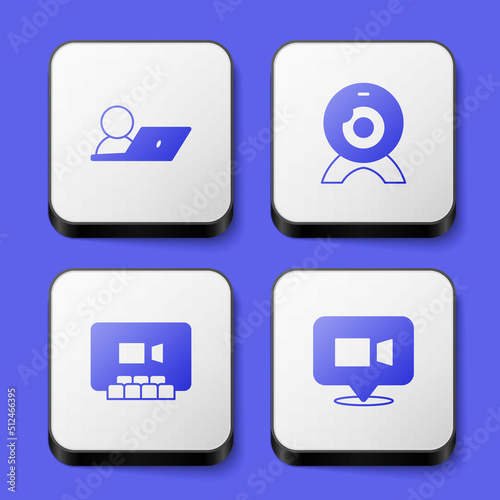 Set Video chat conference, Web camera, and icon. White square button. Vector