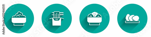 Set Rice in a bowl, Asian noodles paper box, Chow mein on plate and Chicken egg icon with long shadow. Vector