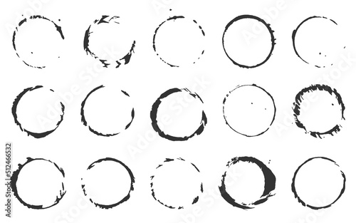 Grunge stain cup bottom ink black silhouette set. Trace water drink glass smudge muddy splash wine stain water juice paint liquid. Hand drawn wet print bottle mug circular shape logo sticker isolated