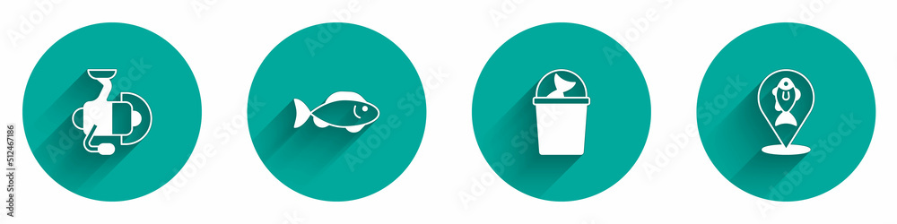 Set Spinning reel for fishing, Fish, Fishing bucket with and Location icon with long shadow. Vector Set Spinning reel for fishing, Fish, Fishing bucket with and Location icon with long shadow. Vector