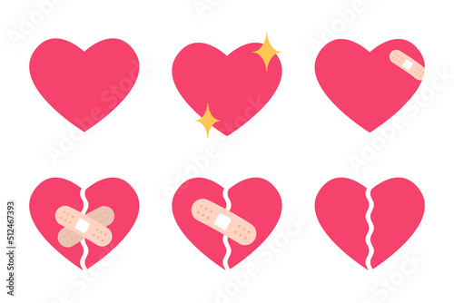 Heart shape set, broken heart and crack fixed with bandage. breakup and heartbreak symbol.