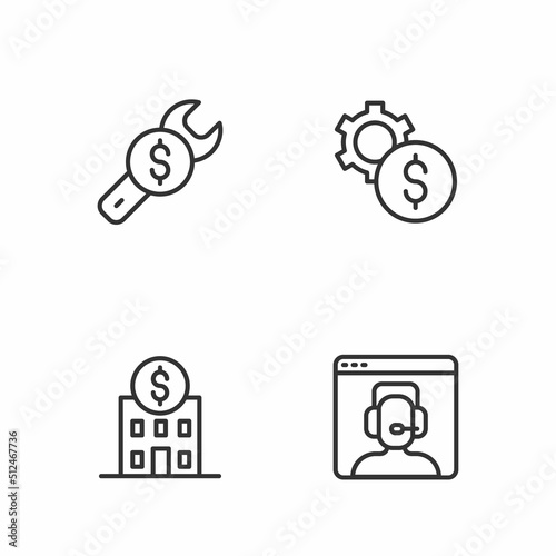 Set line Telephone 24 hours support, Bank building, Repair price and Gear with dollar symbol icon. Vector