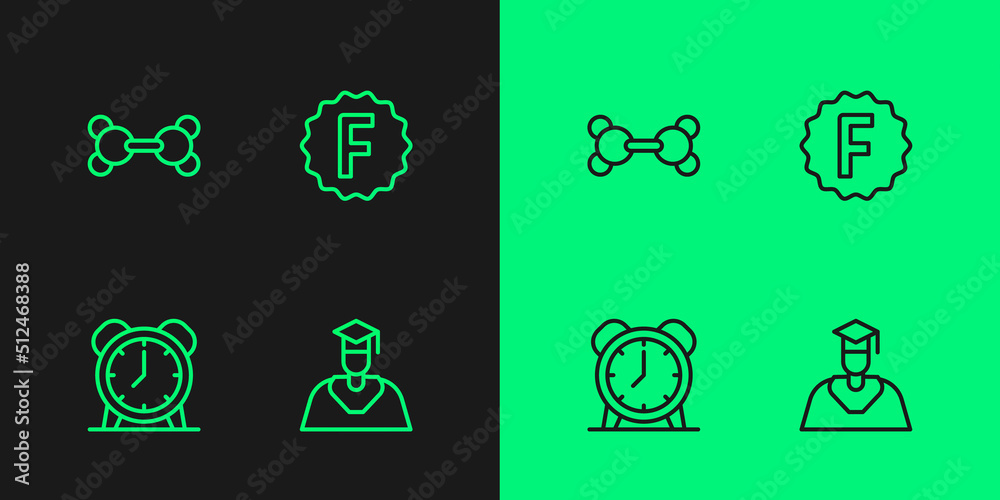 Set line Graduate and graduation cap, Alarm clock, Molecule and Exam paper with incorrect answers icon. Vector Set line Graduate and graduation cap, Alarm clock, Molecule and Exam paper with incorrect answers icon. Vector