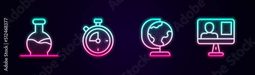 Set line Test tube, Stopwatch, Earth globe and Online class. Glowing neon icon. Vector