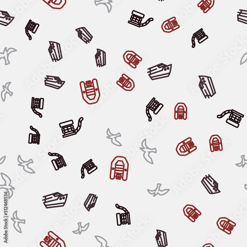 Set line Marine bollard with rope, Speedboat, Bird seagull and Inflatable motor on seamless pattern. Vector