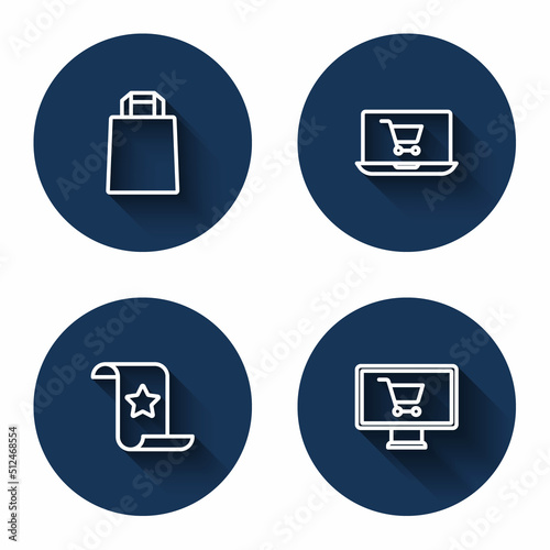 Set line Paper shopping bag, Shopping cart on screen laptop, check and financial check and monitor with long shadow. Blue circle button. Vector