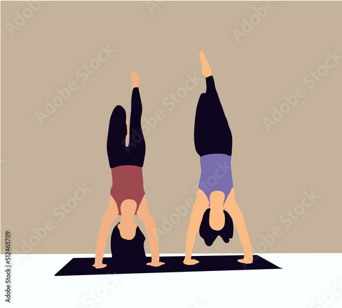 Two young women doing yoga for practicing muscular exercises for good health. Wellness concept. Vector illustration.