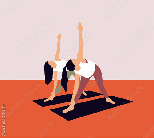 Two young women doing yoga for practicing muscular exercises for good health. Wellness concept. Vector illustration.