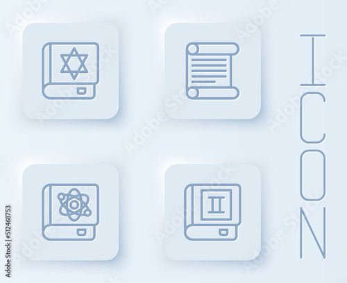 Set line Jewish torah book, Decree, parchment, scroll, Book about physics and . White square button. Vector
