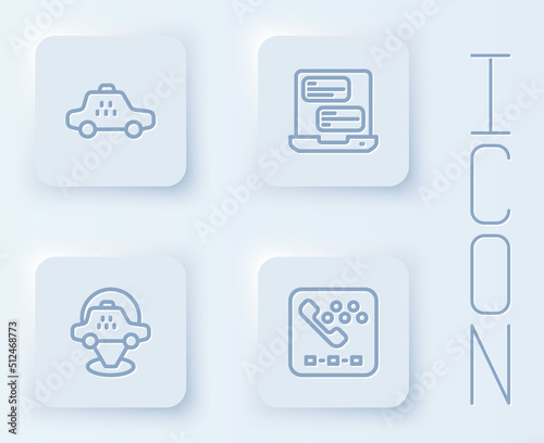 Set line Taxi car, mobile app, Location taxi and call telephone service. White square button. Vector