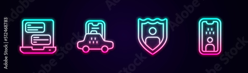 Set line Taxi mobile app, Life insurance with shield and driver license. Glowing neon icon. Vector photo