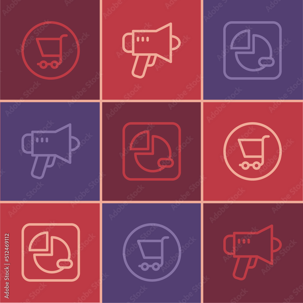 Set line Shopping cart, Pie chart infographic and Megaphone icon. Vector