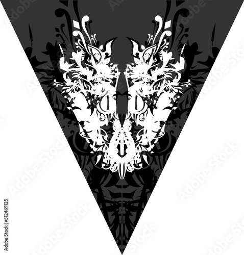 Ornamental white butterfly in black triangular element for your design. A silhouette of a butterfly with a pattern of floral motifs in a black triangle, directed down for emblems on shields, textiles
