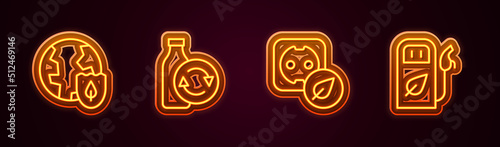 Set line Earth with shield, Recycling plastic bottle, Electrical outlet and Petrol or gas station. Glowing neon icon. Vector