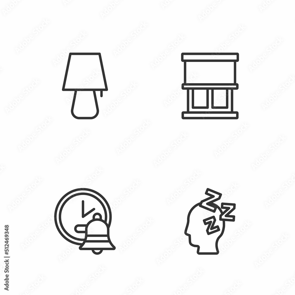 Set line Dreams, Alarm clock, Table lamp and Window with curtains icon. Vector Set line Dreams, Alarm clock, Table lamp and Window with curtains icon. Vector