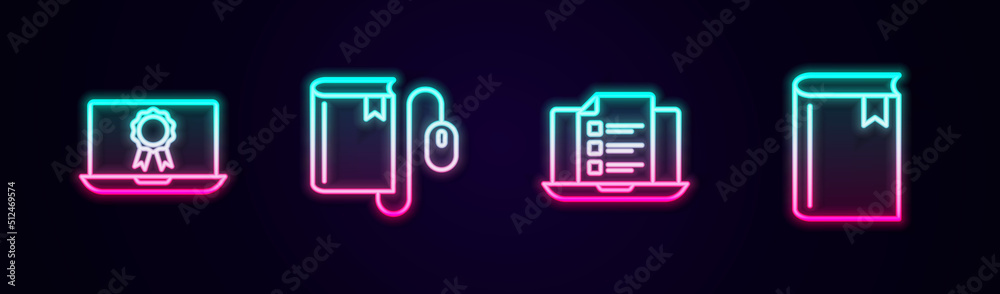 Set line Online education with diploma, Electronic book mouse, quiz, test, survey and Book. Glowing neon icon. Vector Set line Online education with diploma, Electronic book mouse, quiz, test, survey and Book. Glowing neon icon. Vector