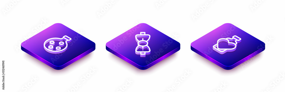Set Isometric line Bottle with potion, Bow tie and love icon. Vector Set Isometric line Bottle with potion, Bow tie and love icon. Vector