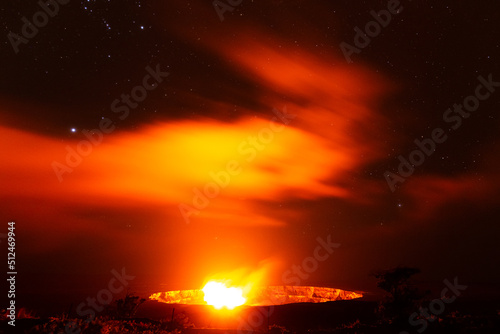 Night time shot of volcano irruption in Big Island Volcano National Park, Hawaii