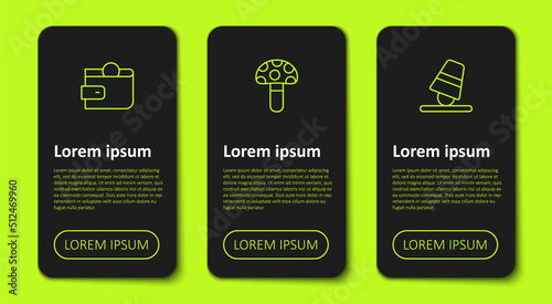 Set line Wallet, Psilocybin mushroom and Game thimbles. Business infographic template. Vector