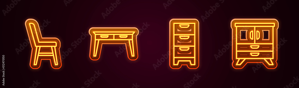 Set line Chair, Office desk, Chest of drawers and . Glowing neon icon. Vector Set line Chair, Office desk, Chest of drawers and . Glowing neon icon. Vector