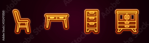 Set line Chair, Office desk, Chest of drawers and . Glowing neon icon. Vector