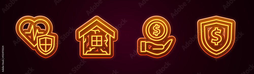 Set line Life insurance with shield, House, Money and Shield dollar. Glowing neon icon. Vector