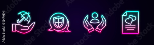 Set line Umbrella in hand, Shield, Life insurance and Marriage contract. Glowing neon icon. Vector