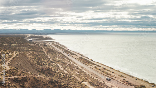 Route skirting the coast of the Atlantic Sea between Caleta Olivia and Comodoro RivadaviaNational Route Three, Argentina. photo
