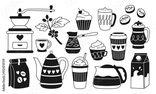 Coffee cup drink, beans and cezve pot stamp set. Breakfast cappuccino espresso mug, cupcake and kettle, latte glace cups to go. Rustic arabica grinder. Linear vector symbol coffeehouse menu