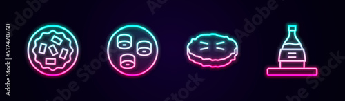 Set line Homemade pie, Sushi, and Bottle of sake. Glowing neon icon. Vector