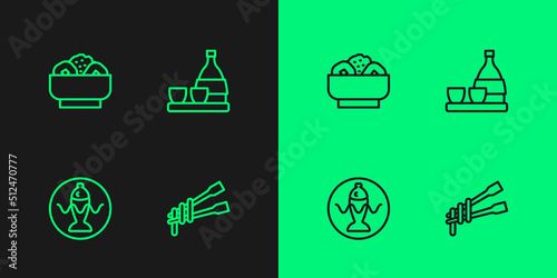 Set line Food chopsticks with noodles, Served fish on a plate, Chow mein and Bottle of sake icon. Vector