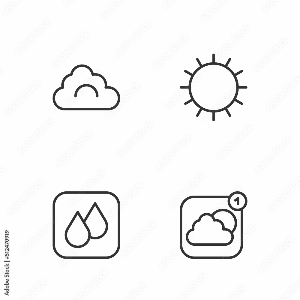 Set line Weather forecast app, Water drop, Cloud and Sun icon. Vector Set line Weather forecast app, Water drop, Cloud and Sun icon. Vector
