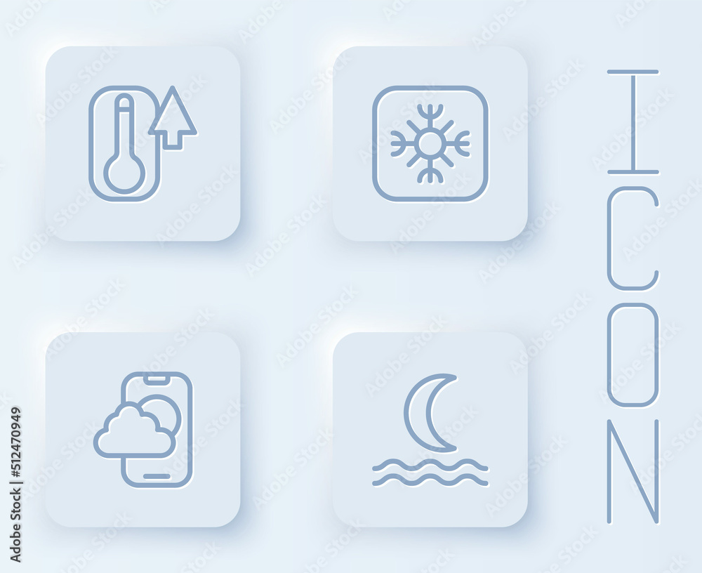 Set line Thermometer, Snowflake, Weather forecast app and Night fog smoke. White square button. Vector