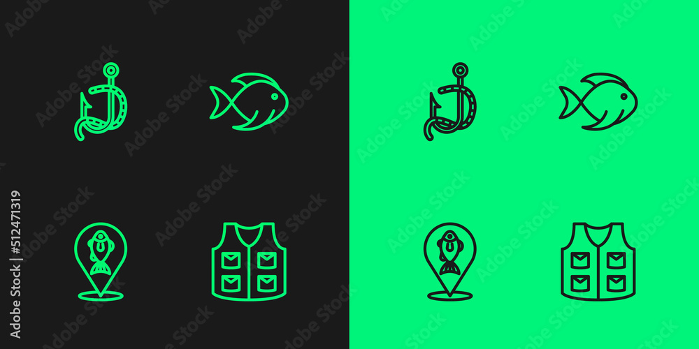 Set line Fishing jacket, Location fishing, hook and worm and icon. Vector Set line Fishing jacket, Location fishing, hook and worm and icon. Vector
